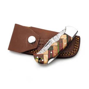 Couteau pliant en acier Damas personnalisable en gros gaine en cuir manche en bois poche OEM bricolage usage extérieur vente à chaud - Product Image 5