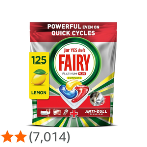 Pastillas para lavavajillas Fairy Platinum Plus Complete All-in-1, paquete de 125 unidades, aroma cítrico, con tecnología antideslustre y acción de abrillantador para una limpieza profunda - Product Image 1