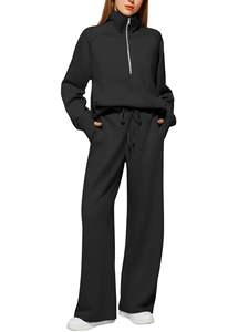 Autumn Women's High Quality 2-Piece Casual Tracksuit Solid Pattern Lapel Half Zip <b>Sweatshirts</b> with Wide Leg Pants Factory Price - Product Image 6