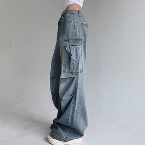 Jeans à jambes larges délavés pour femmes pantalons à poches latérales amples plissés Streetwear jean petit ami prix raisonnable Service OEM - Product Image 2