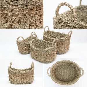 Juego de cestas de almacenamiento de banano y junco marino natural, con tejido de malla ovalado y asa en forma de arco, maceta de mesa, decoración artística pura para la habitación, artesanía. - Product Image 2