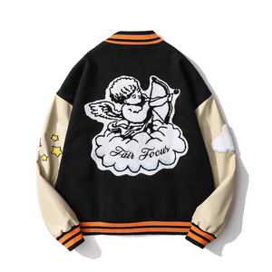 Chaqueta de uniforme de béisbol naranja de calle alta personalizada para hombre al por mayor, moda de invierno, bordado, cuello levantado, manga de cuero PU - Product Image 2