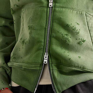 Double <b>Zipper</b> Style Acid Wash Distress Hoodie For Men Wholesale Heavyweight Custom Embroidery Logo Patches Hoodie For Men - Product Image 3