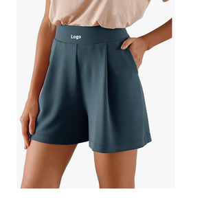 กางเกงขาสั้นขากว้างนุ่มของผู้หญิงเอวสูงสไตล์สบายๆสบาย ๆ พร้อมกระเป๋าเอวกลางแห้งเร็ว - ลายอินซีมที่เป็นของแข็ง - Product Image 3