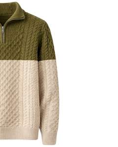 Manufacturer Customized <b>Mens</b> Quarter Zip Cable Knit <b>Sweater</b> Olive Green And Beige Color Block High Neck Warm Winter Pullover OEM - Product Image 4