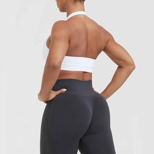 Women's White Seamless <b>Halter</b> Sports <b>Bra</b> Medium Support Yoga Workout Wear Scoop <b>Neck</b> Spandex Polyester Solid Color - Product Image 5