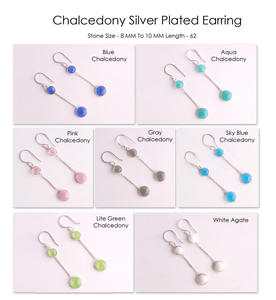 Boucles d'oreilles Dainty Vintage à deux pierres précieuses Calcédoine taillée avec chaîne Style Lunette Laiton Plaqué Argent Gouttes Légères - Product Image 2