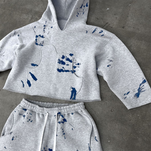 2025 personnalisé 100% coton peinture éclaboussures recadrée Boxy à capuche et pantalon de survêtement ensemble survêtement hommes - Product Image 3