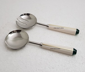 White Resin with Brass Inlay Handle Stainless Steel with Silver Finished Mixing & Cooking Salad Flat Server or <b>Serving</b> <b>Spoons</b> - Product Image 4