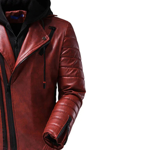 <b>Men's</b> <b>Red</b> PU <b>Leather</b> Hooded Moto <b>Jacket</b> With Zipper Closure And Quilted Design For Autumn Wear - Product Image 4