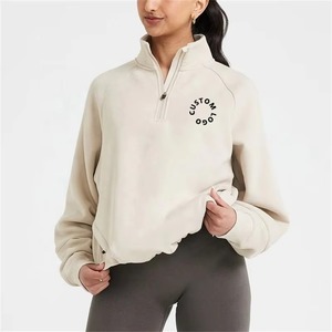 Sudadera con cremallera 1/2 para mujer con logotipo personalizado al por mayor, jersey con media cremallera y dobladillo ajustable, Jersey clásico de salón con logotipo frontal de gran tamaño - Product Image 6