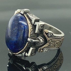 Bague vintage pour homme en argent sterling 925 taillée à la main avec pierre naturelle de lapis-lazuli bijoux en perles et diamants éblouissants - Product Image 3