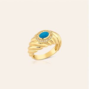 14K Solid Gold Sleeping Beauty Natural Arizona Turquoise Diamond Croissant Twisted Dome Genuine Gold Chunky <b>Thick</b> Band <b>Ring</b> - Product Image 1