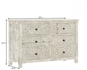 Aparador moderno hecho a mano de 6 cajones, madera maciza de teca encalada tallada, cajones de pecho, rústico, bohemio, comedor, sala de estar - Product Image 3