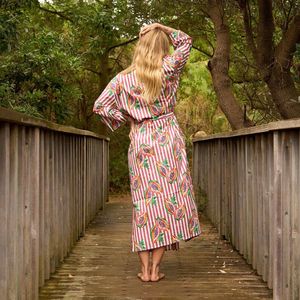Papaya Pink Stripe Cotton Kimono Robe Ligero Hecho a mano Bohemio-Casual Mini-Longitud Vestido Suave Algodón Elegante Loungewear - Product Image 6