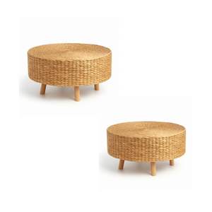 Juego de mesa redonda de ratán de alta calidad con taburetes de teca para uso en interiores y exteriores Mezcla perfecta de estilo natural y durabilidad - Product Image 1