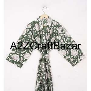 Caftán Indio para Mujer, 100% Algodón, Estampado Floral a Mano, Maxi Largo, para Playa, Ropa de Dormir, Kimono, Cuello en V, Cierre con Cinturón, Envío Rápido - Product Image 3