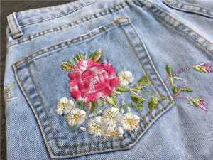 Jeans droits pour femmes vintage à fleurs brodées, longueur cheville, braguette boutonnée, denim doux - Product Image 5