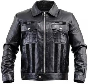 High Quality Men's Black Lambskin <b>Genuine</b> Leather Jacket Stand Collar with Suede Stripes Canvas Fabric New Arrival - Product Image 1