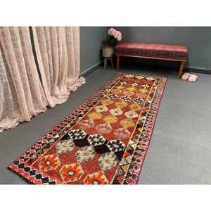 Vintage <b>Red</b> Ikat Wool Turkish Rug Eco-Friendly Patchwork Design Latex Backing 2.9x7.8 ft <b>Runner</b> Rug - Product Image 5