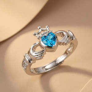 NOVAMART Fine Zarkan 925 Sterling Silver <b>Crown</b> Blue Heart <b>Ring</b> Fine Jewelry with Oval Cut Zircon Rhodium Plated Everyday Wear Se - Product Image 2