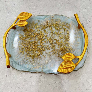 Juego de bandejas rectangulares de resina dorada para el hogar, cocina y restaurante, mango de diseño de hoja de Metal dorado - Product Image 1