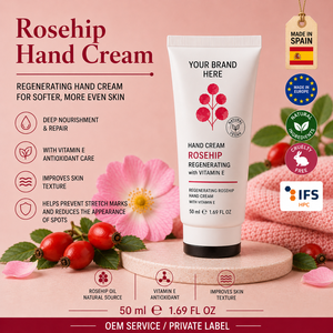 Crème pour les mains à la rose musquée en marque privée 50 ml OEM |   Crème réparatrice hydratante pour les mains anti-âge |   Absorption rapide Espagne UE - Product Image 1