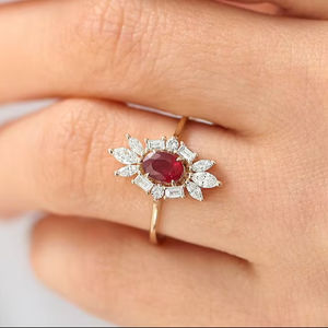 Rubis Diamant Art Déco Bague 14k Or Massif Ovale Coupe Halo Cubique Zircone Diamant Haute Vente Bague De Fiançailles Marquise Baguette - Product Image 1