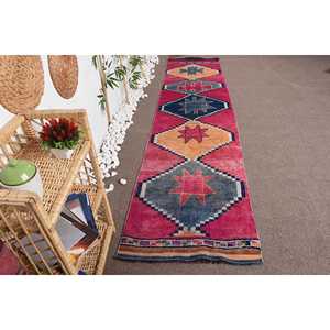 Turkish Rug, <b>Runner</b> 2.6x11.1 ft Vintage Rug, <b>Red</b> Floral Wool Rug - Product Image 1