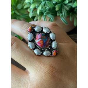 Southwest Handmade Multi Stone Sterling <b>Silver</b> <b>Adjustable</b> Boho Cluster <b>Ring</b> - Product Image 2