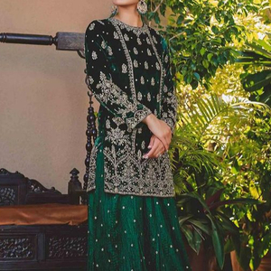 KURTA & SARARA นำสมัยใหม่บนผ้ากำมะหยี่และผ้าไหมประดับประดาด้วยลูกปัดแก้วคริสตัลงาน DABKA สำหรับสวมใส่ในงานเลี้ยง - Product Image 1