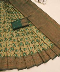 TENDANCE BANARASI Tissage de soie SAREE AVEC CHEMISIER NON COUDU VÊTEMENT DE MARIAGE PRIX DE GROS VÊTEMENT ETHNIQUE VERT - Product Image 2