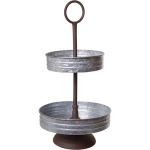 Plateau de service moderne à 2 niveaux en métal galvanisé, style rustique de ferme, présentoir à desserts et cupcakes pour la cuisine et les événements - Product Image 1