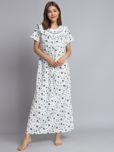 Camisón de encaje 100% algodón para mujer, manga media, largo completo, tela suave y transpirable, estampado floral en el cuello, para verano, otoño y primavera - Product Image 2