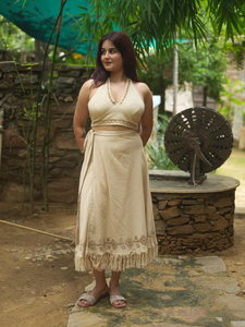 Conjunto bohemio de falda choli y kimono de algodón orgánico con estampado de bloques, conjunto de falda RePro de 3 piezas beige - Product Image 6