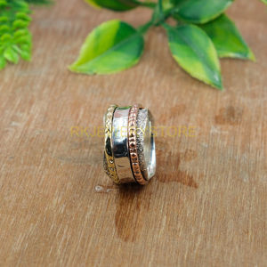Spinner <b>Ring</b> Fidget <b>Ring</b> <b>Thumb</b> Band <b>Ring</b> Anxiety <b>Ring</b> Solid 925 <b>Sterling</b> <b>Silver</b> Spinner <b>Ring</b> With Brass and Copper Spinning Band - Product Image 4