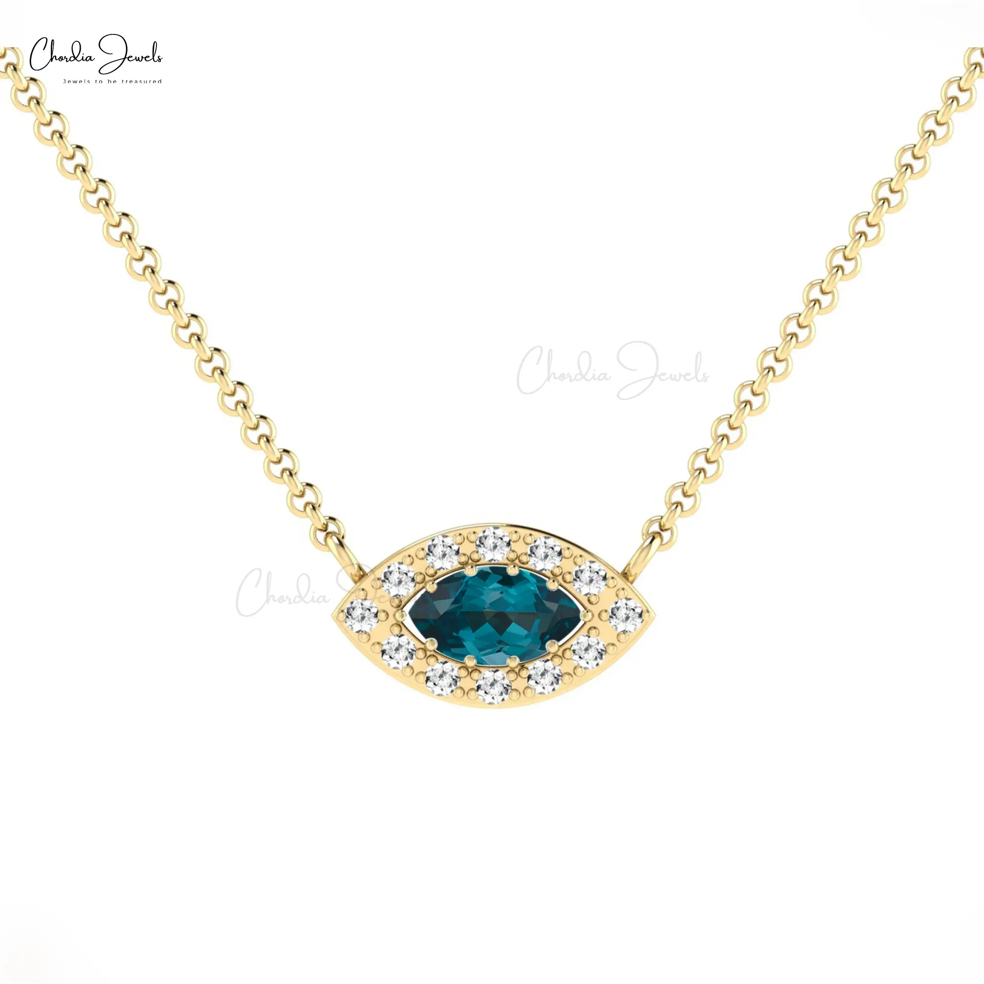 14k emas padat Marquise Solitaire London Biru Topaz mata kalung untuk wanita Halo kalung berlian Set tersedia dengan biaya pabrik