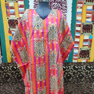 Indian Cotton <b>Kaftan</b> with Tiger Print Hippie Style Maxi Dress for Women <b>Plus</b> <b>Size</b> Tunic Natural Waistline Party Wear Outfit - Product Image 1