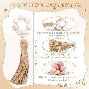 Anneaux de serviette en bois perlé faits à la main avec pompons, décoration de table rustique naturelle pour fêtes, mariages, dîners, lot de 12 pièces - Product Image 3