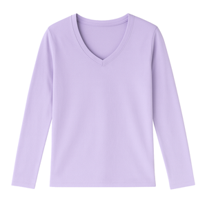 Camiseta de Manga Larga con Cuello en V para Mujer, Color Lila Pastel, 100% Algodón Orgánico de Lujo, Preencogido, Certificado GOTS, Ajuste Clásico, Suave y Premium - Product Image 1