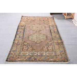 Tapis turc vintage grande surface 4.2x8.6ft fait à la main en laine marron Beige Patchwork Design rectangulaire couloir Latex pour la décoration de la chambre - Product Image 4