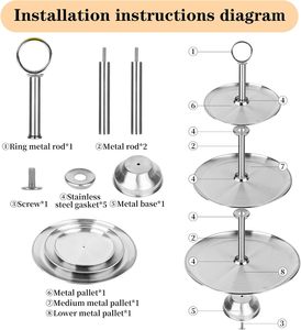 Support à cupcakes à 3 niveaux en métal argenté, écologique, fait à la main, avec base, lot de 2 plateaux de service à étages en acier inoxydable - Product Image 4