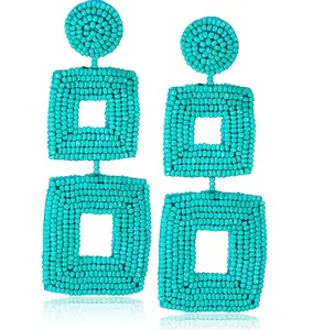 Turquoise Seed Beads Double Shape Square Drop Earring Handmade Earring Wedding Earring Unique Custom Pieces Wholesaler