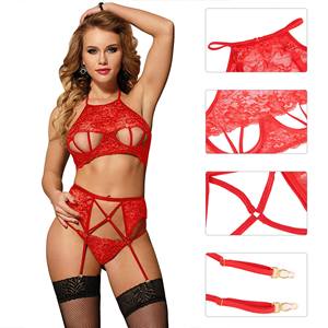 Ensemble soutien-gorge et anneau en acier en dentelle rouge sexy, taille S-M - Product Image 5