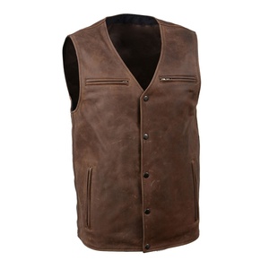 Gilet en cuir marron vintage pour homme avec col en V et quatre poches boutonnées en cuir de vache respirant pour l'hiver - Product Image 3