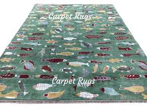 Alfombra de peces coloridos de lana verde hecha a mano, alfombra de tema náutico de terracota, diseño de alfombra persa para decoración del hogar, Alfombras anudadas florales - Product Image 4