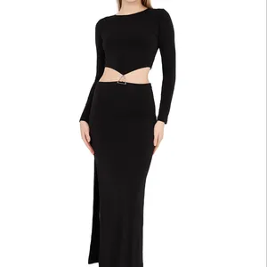 Long Sleeve Belly Triangle Chain Detailed Black Long Sleeve Maxi Dress
