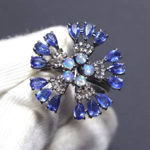 Bague en opale éthiopienne naturelle et saphir bleu avec pierres précieuses en argent sterling 925 Design vintage de qualité supérieure - Product Image 1
