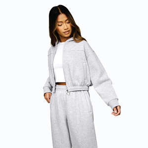 Womens Heather Grey <b>Cropped</b> <b>Hoodie</b> 65% Cotton & 35% Polyester <b>Zip</b>-<b>Up</b> Sports Jacket for Club Tracksuit Top With Front Logo - Product Image 2