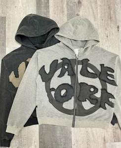 Survêtement unisexe personnalisé délavé à l'acide avec fermeture éclair, grande taille, effet vieilli, patch brodé, streetwear, sweat à capuche évasé brut, hiver - Product Image 4